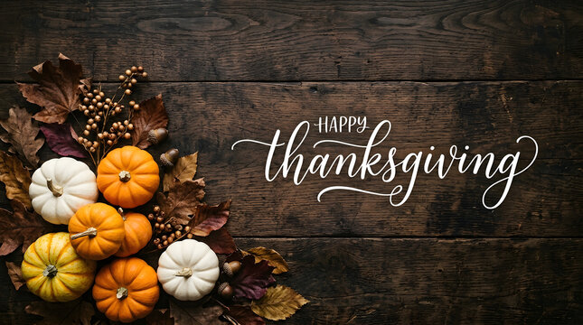 Happy thanksgiving greeting with colorful pumpkins and autumn leaves on a rustic dark brown wooden background