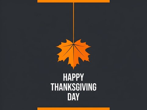Minimalist happy thanksgiving day greeting card design with a single hanging orange maple leaf on dark background