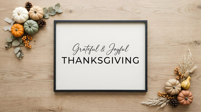 Minimalist thanksgiving greeting sign with decorative pumpkins and eucalyptus leaves on a rustic wooden background top view