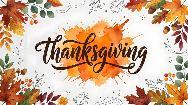 Thanksgiving greeting card design with artistic watercolor splash background and colorful autumn leaves frame for seasonal holiday celebration