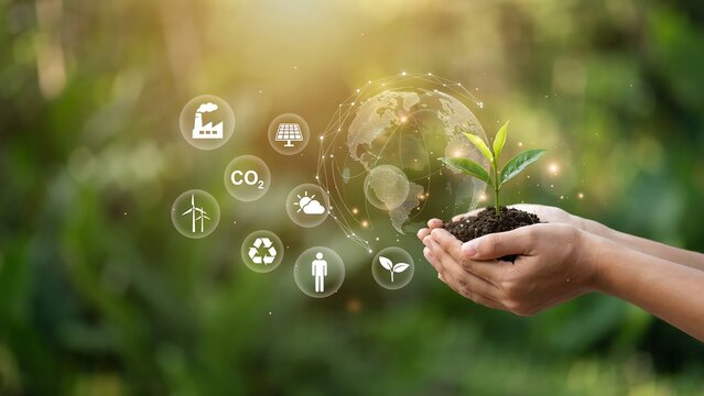 Hands Holding Small Plant with Sustainable Ecology and Clean Energy Icons for Environmental Protection and Green Future