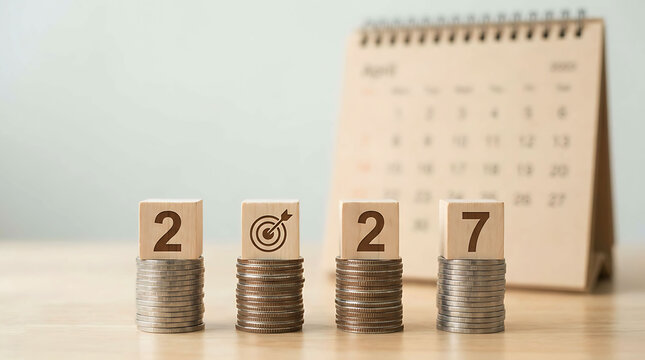 Financial planning and savings goal concept with 2027 wooden blocks on coins