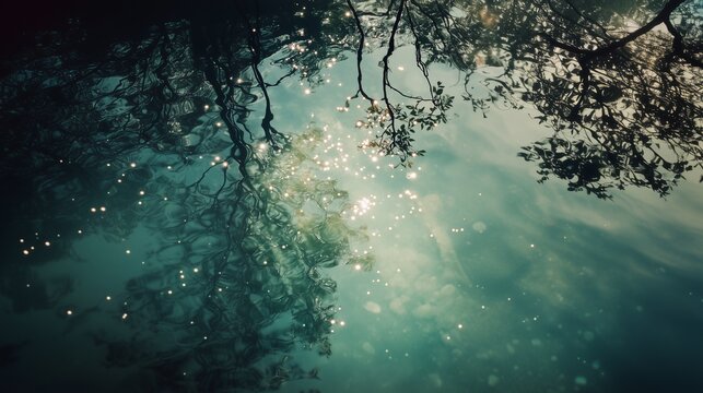 Horizontal close view of calm green water reflecting tree branches with sparkling sunlight and gentle surface ripples