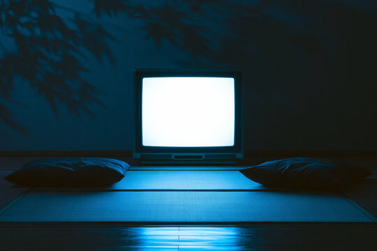 Vintage CRT television glowing in a dark room with tatami mats and floor cushions. Retro media concept for nostalgic interior design themes.