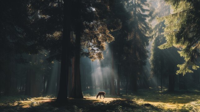 Horizontal view of a deer grazing in a sunlit conifer forest with dramatic rays of light between tall trees