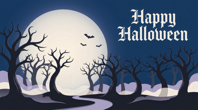 A spooky night scene featuring a large full moon dark trees and stylish halloween typography for a festive holiday greeting