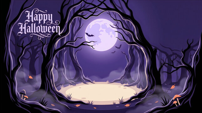A spooky forest background featuring a full moon and bare trees with elegant halloween typography for seasonal holiday greeting cards