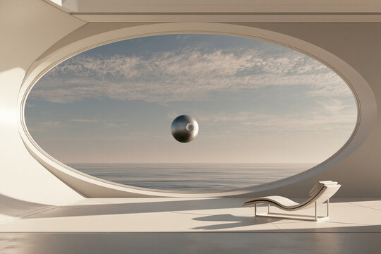 A minimalist white lounge with an oval window looking out to the calm sea at sunset. This futuristic interior design conveys serenity and luxury travel.