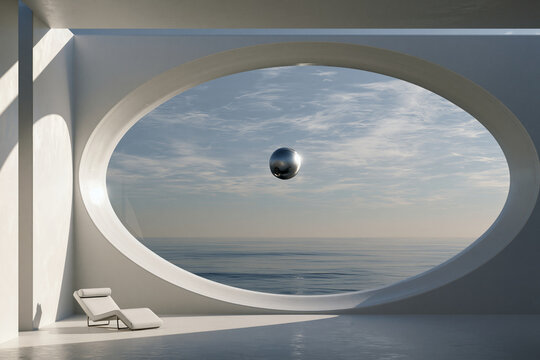 A futuristic chrome sphere floats in a bright modern room with an oval window overlooking the ocean. Surreal concept for luxury architecture and design.