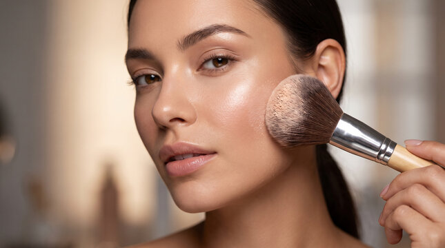 Stunning female model applying face powder with a large fluffy makeup brush. Luminous skin and perfect complexion. Professional cosmetic application and beauty care routine.
