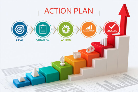 Staircase graph showing business growth with icons isolated on white background. Professional concept for strategic planning and corporate success presentations.