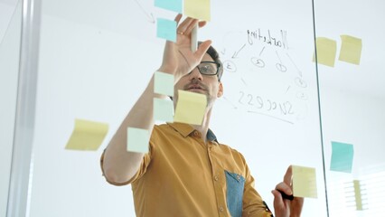 Entrepreneur organizing creative ideas and developing a strategic plan for business development on a transparent glass whiteboard, working with efficiency in a modern office © Hanna