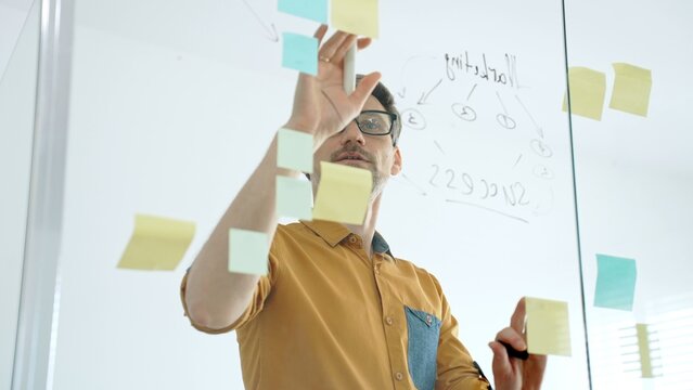 Entrepreneur organizing creative ideas and developing a strategic plan for business development on a transparent glass whiteboard, working with efficiency in a modern office