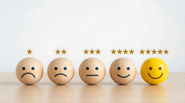 Wooden spheres with emotion faces rating scale for customer feedback and review