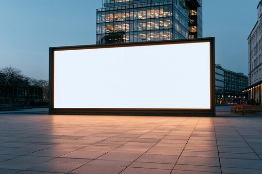 A large illuminated billboard stands in a modern city square at dusk with soft lighting. Use this corporate mockup for urban outdoor advertising campaigns.
