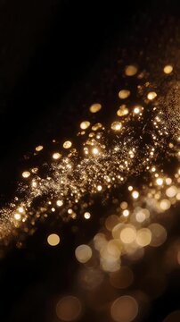 Luminous particle cascade: golden glitter, bokeh circle, yellow shimmer, dark texture, abstract flow.