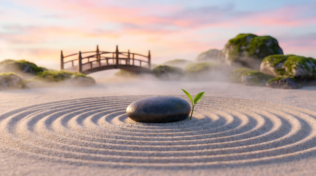 Small green sprout growing beside a smooth black stone in a serene Japanese Zen sand garden at sunset.
