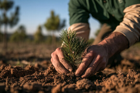 A close-up shot of a forester planting a small pine tree sapling in the earth during daylight. This image is ideal for environmental conservation and reforestation campaign.