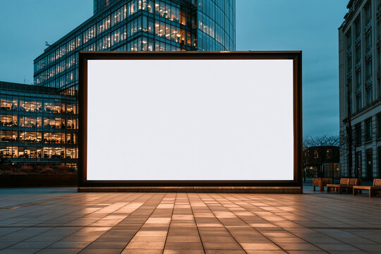 Large empty billboard mockup glowing in a modern city square at dusk. Outdoor advertising concept for corporate campaigns.