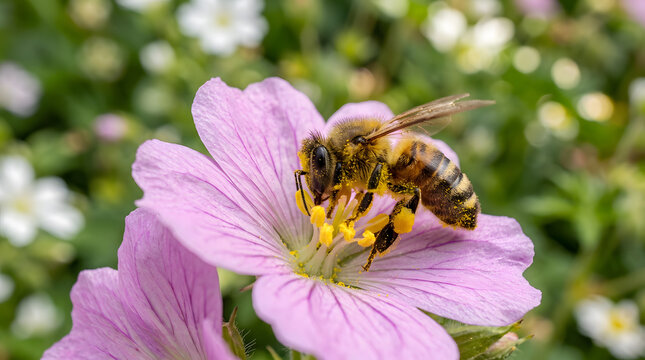 A detailed close up of a honeybee gathering pollen from a light purple geranium flower in a sunny garden