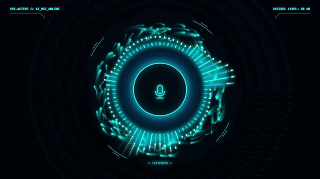 Futuristic Cyan Voice Assistant Speech Audio Bar Animation, Cyberpunk Smart Home Microphone UI Element, Glowing Soundwave HUD Motion Graphic, Premium Podcast Motion Graphics Asset
