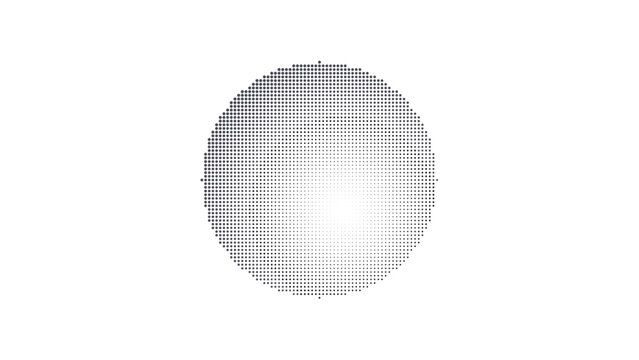 Dark gray circular shape with a central black dot, featuring a pixelated halftone dot texture on a solid black background, isolated