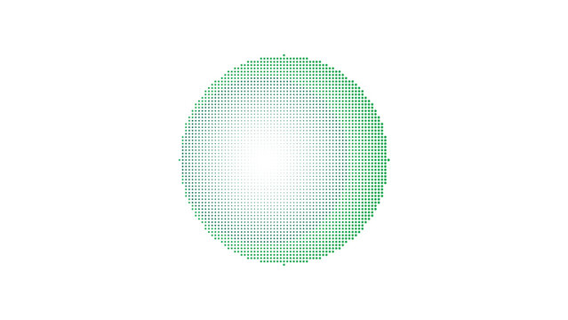 Green circular shape with a dark green inner circle and a black dot, featuring a pixelated halftone dot texture on a black background