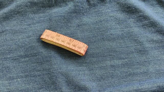 Tailor person hand putting measuring tape tool on denim or jeans cloth surface. Sewing or stitching tailoring work concept. Old vintage used clothing or fabric repair and restoration job.