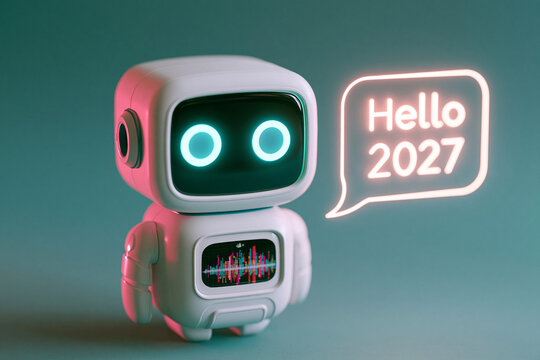 A cute white robot with glowing eyes and a speech bubble saying Hello 2027 under moody neon lighting. Ideal concept for future technology and AI communication banners.