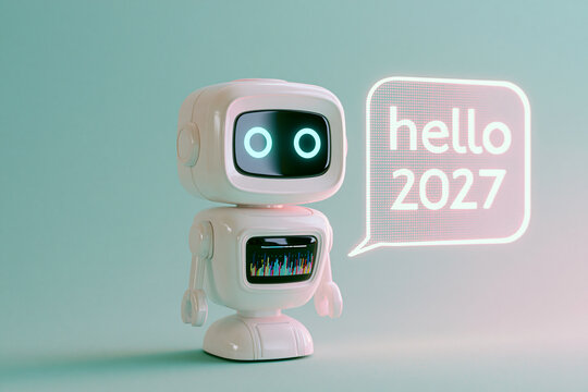 A cute white robot with a digital face and glowing text saying hello 2027. This futuristic character illustrates emerging artificial intelligence and technology trends for 2027.