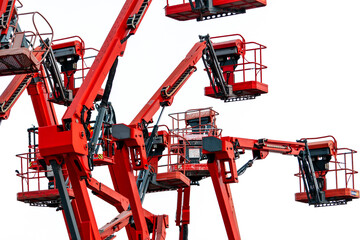 Multiple red articulated boom lifts with elevated work platforms isolated on white background, industrial access equipment for construction, maintenance, rental, repair and equipment dealership use. © Fahroni