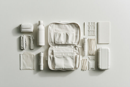 Minimalist white tactical gear and survival equipment neatly arranged in flat lay style. Ideal for adventure and preparedness concept presentations.