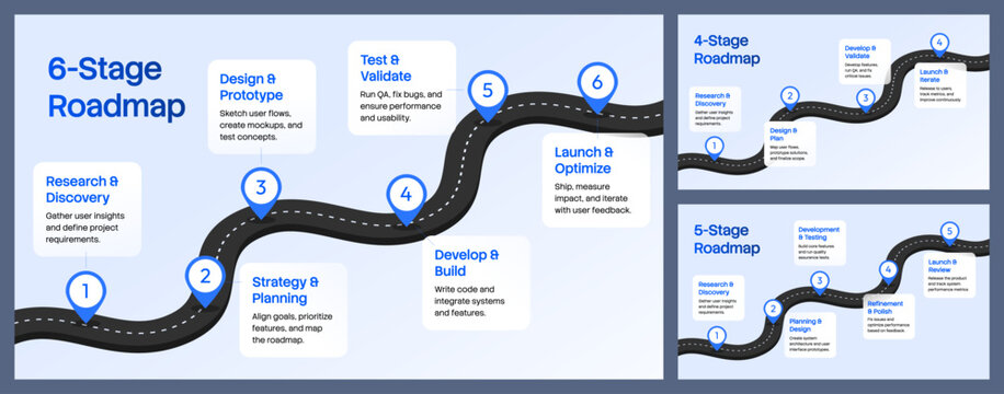 Curved Roadmap Infographic Template Set with 4 to 6 Stages