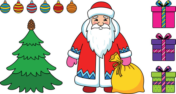 Traditional Russian Ded Moroz or Santa Claus Standing with Yellow Sack Green Fir Tree Colorful Baubles and Gift Boxes for Winter Holiday Designs