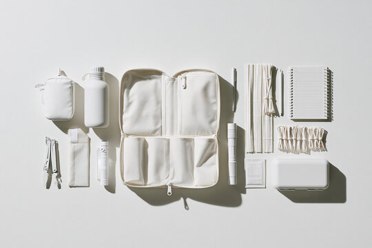Flat lay of monochromatic white everyday carry items and gear neatly organized on a table. Perfect for minimalist lifestyle concepts.