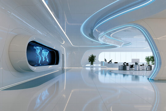 A futuristic white office interior features curved LED lighting and a digital world map display on the wall. This high-tech workspace concept is ideal for modern corporate designs.