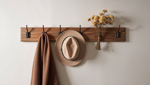 coat rack with hat, towel, and dried flowers against a neutral wall, interior design concept for home organization and decor