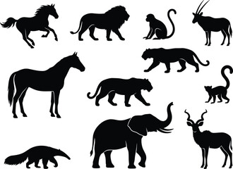 Obraz premium Collection of wild animal silhouettes including lion, elephant, horse, monkey, and antelope, isolated on a white background, set