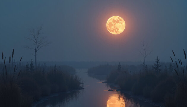 serene landscape featuring a calm river reflecting a full moon under a hazy evening sky, ideal for nature-themed projects or serene backgrounds