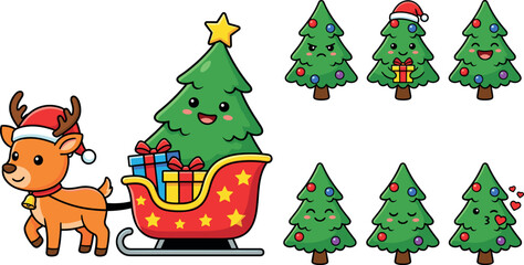 Fototapeta premium Cute Christmas Tree Cartoon Mascot Character Set with Reindeer Pulling Sleigh Filled with Presents and Festive Emoticon Faces for Holiday Graphic Designs
