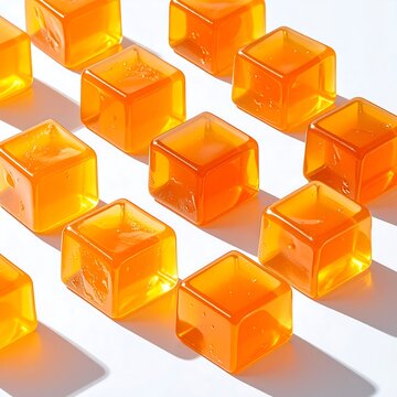 Transparent orange gelatin cubes arranged in pattern.