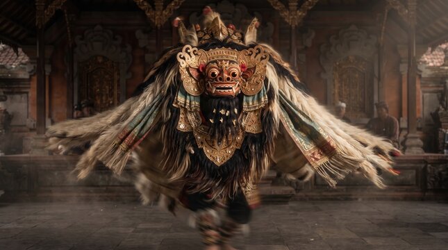 Traditional Balinese performer wearing ornate golden crown and intricate costume dances during ancient ritual ceremony inside temple area showcasing rich cultural heritage and spiritual artistic