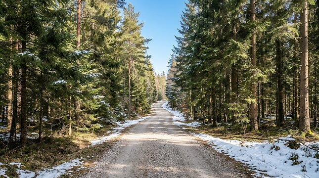 Bright woodland pathway with thawing winter drift and azure horizon illuminated gravel track cutting through towering coniferous timberland with remaining frost patches crisp early spring