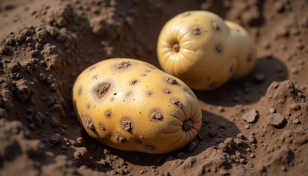 close-up of freshly harvested potatoes with unique textures on soil background, suitable for food photography and agricultural presentations
