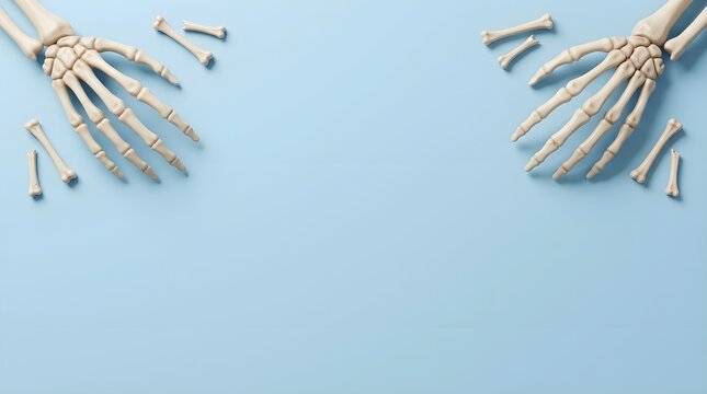 Human skeleton hands and small bones on a light blue background for medical education.