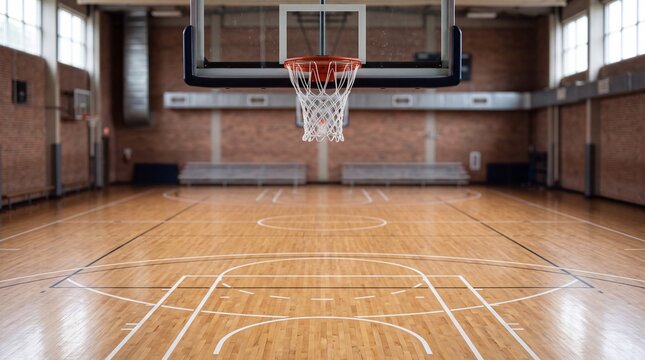 Basketball hoop and net positioned above polished wooden court floor inside a gymnasium with brick walls and bleachers in the background