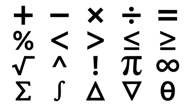Mathematical symbols set with black and white icons featuring plus, minus, multiply with division, percentage and inequality signs