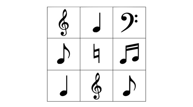 Music notes set with simple black and white icons featuring treble clef, bass clef, quarter note, eighth note with grid background and musical symbols