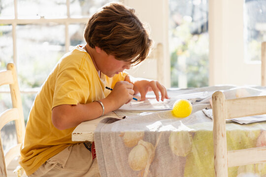 13 year old boy doing geometry homework in light filled room