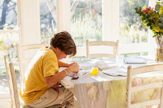 13 year old boy doing geometry homework in light filled room